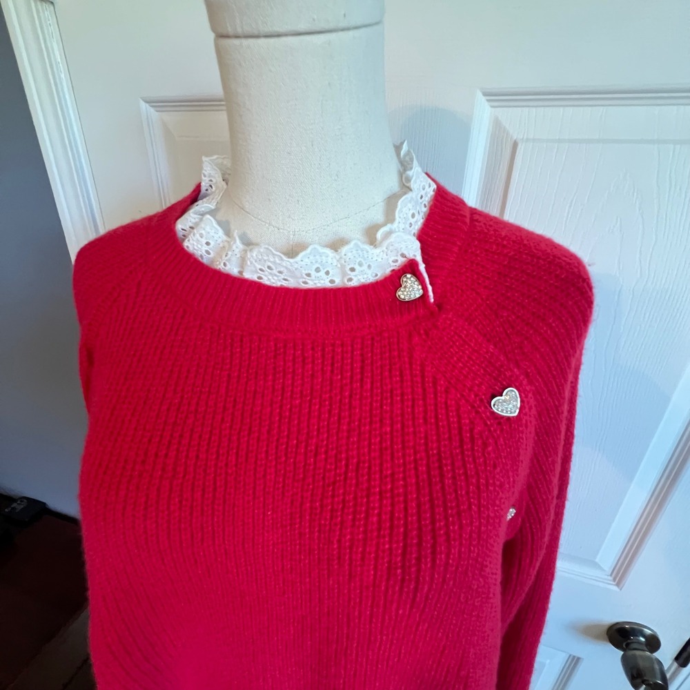 Women's Red Ribbed Knit Sweater with Lace Collar and Rhinestone Heart Buttons‎ - Picture 2 of 10